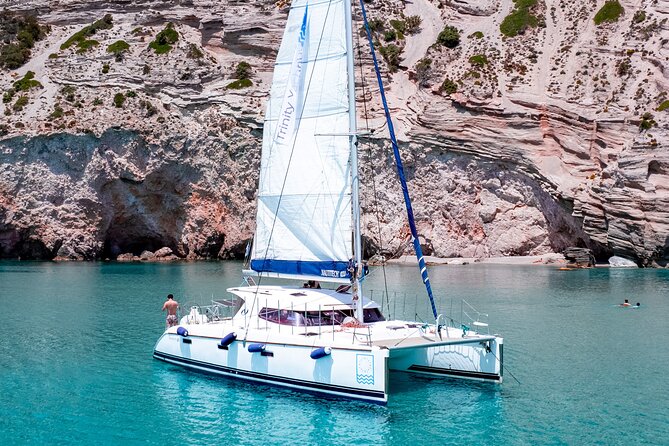 Catamaran Full-Day of Milos and Poliegos With Lunch & BBQ - Kalogries Beach and the first swim