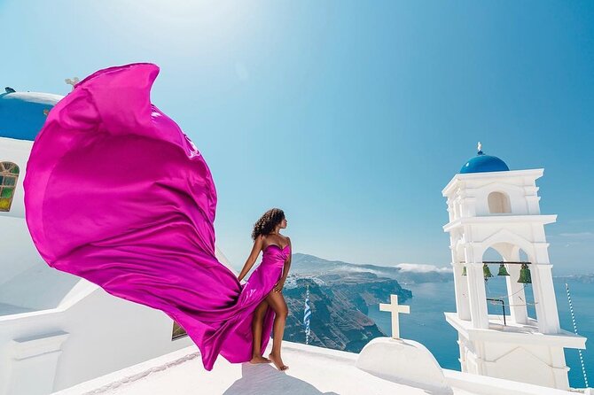 Exclusive Santorini Flying Dress Photoshoot with Pickup - Pickup in a Mercedes Van or Range Rover