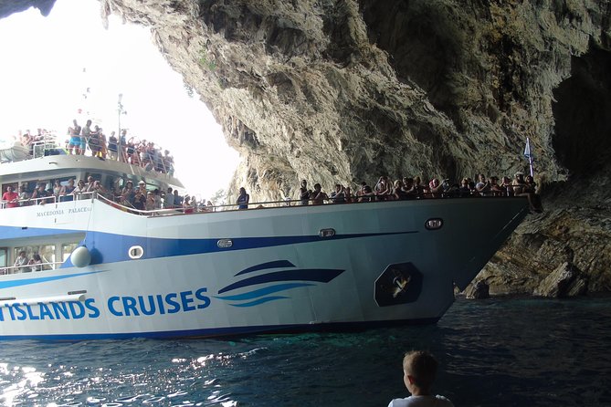 Explore Ionian Sea with its 50 shades of blue on Makedonia Palace - Papanikolis Cave: a short stop with wartime history