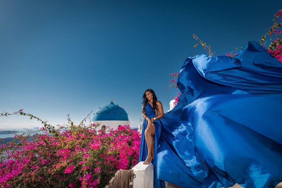 Flying dress Photoshoot in Santorini with Hotel Pickup - Choosing a dress from 35 colors and styles