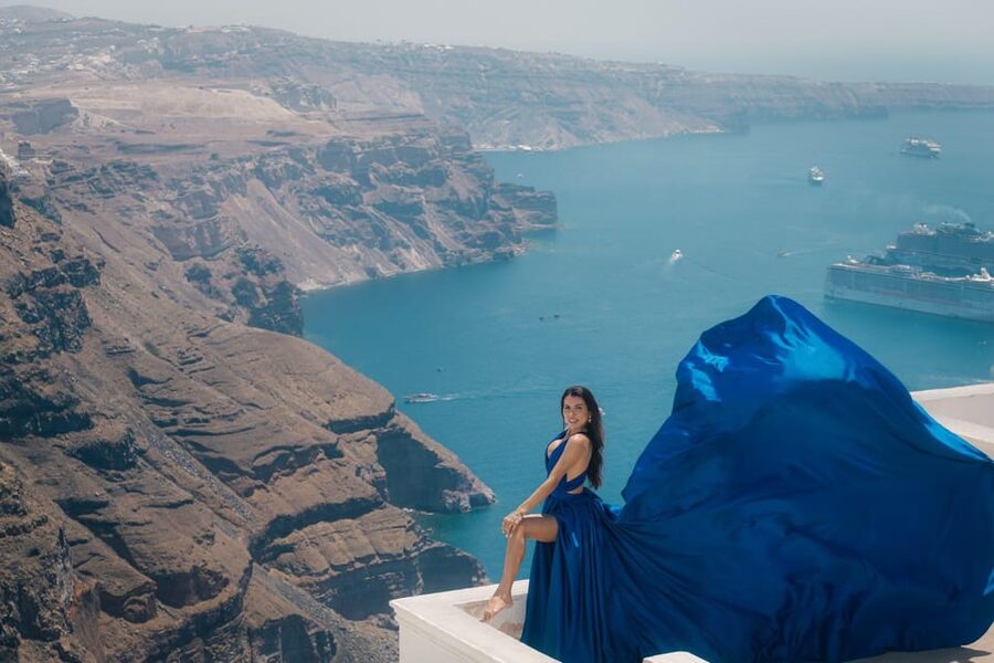 Flying dress Photoshoot in Santorini with Hotel Pickup - Sunrise, sunset, and the best light