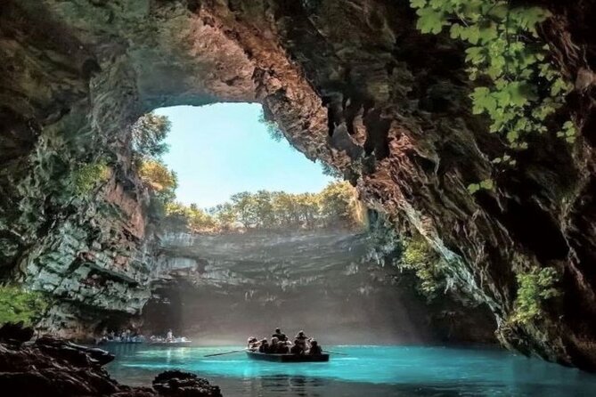From Argostoli: Melissani Lake and Myrtos Beach - Melissani Cave: spectacular color, short boat ride
