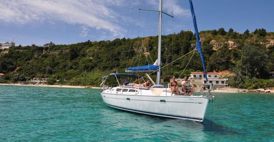 From Nea Fokea: Chalkidiki 6-Hour Cruise by Sailing Boat - Afytos brings the first swim