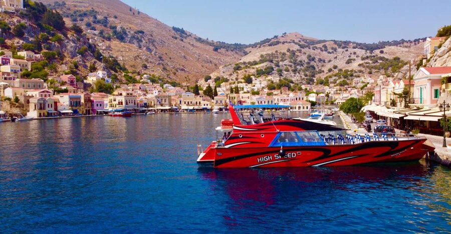 Kiotari, Lardos, Pefkos, & Lindos: Speedboat to Symi Island - Arriving at Symi’s postcard harbor