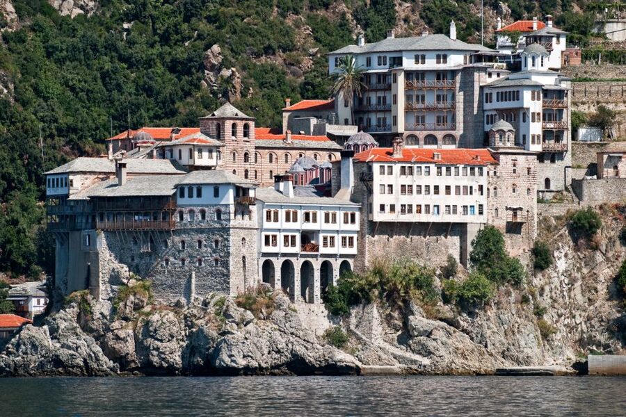 Ouranoupoli: Mount Athos Cruise with Ammouliani Island Visit - Saint Pavlou beneath Mount Athos