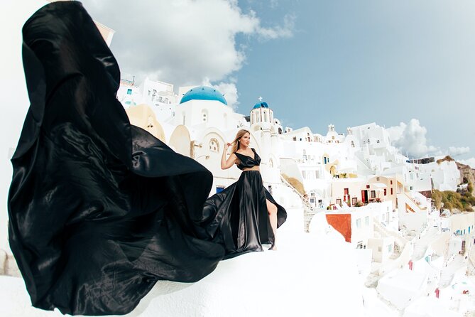 Photoshoot in Flying Dresses in Santorini - Posing Help for People Who Are Not Models