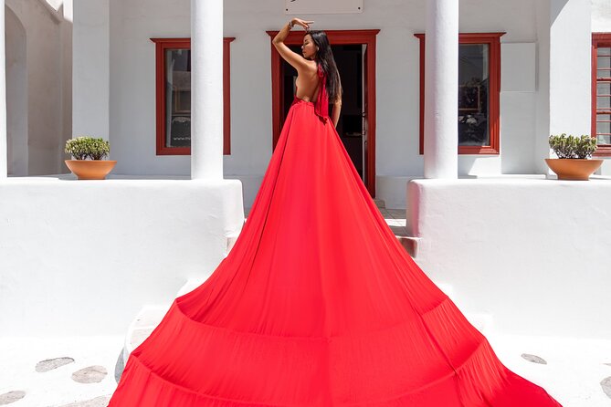 Private Flying Dress Photoshoot in Mikonos - Paraportiani Church and the white Mykonos backdrop