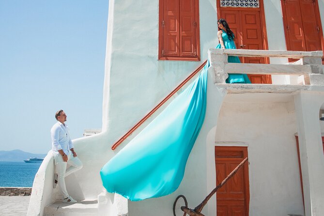 Private Flying Dress Photoshoot in Mikonos - Bougainvillea streets and traditional Mykonos views