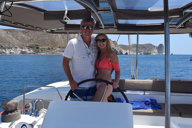 Private Luxury Santorini Catamaran Cruise with Port Pickup - Day cruise or sunset cruise?