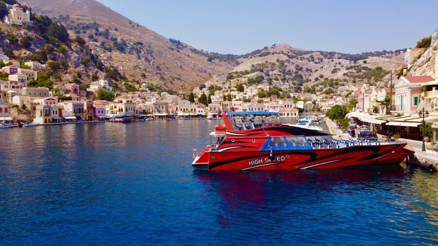 Rhodes: High-Speed Boat to Symi Island and St George's Bay - First sight of Symi Harbor