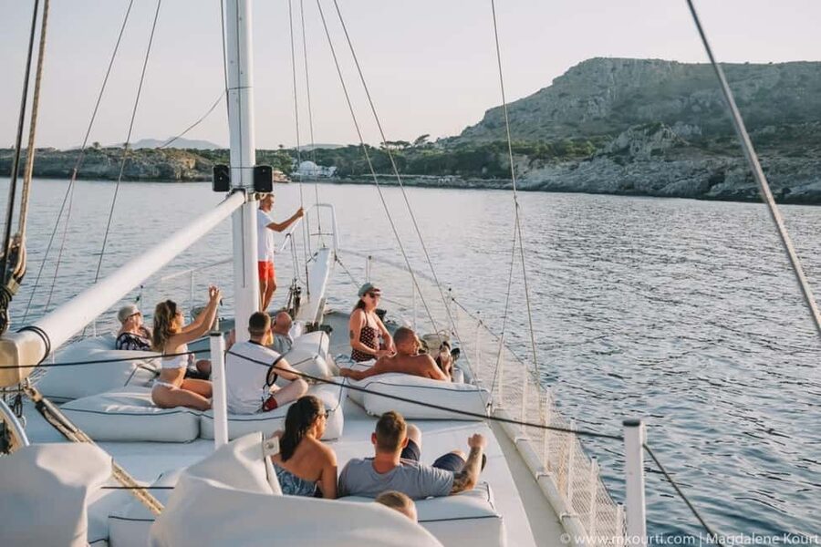 Rhodes: Sunset Cruise w/ Gourmet Buffet, Drinks & Live Music - Kalithea Bay and the 90-minute swim stop