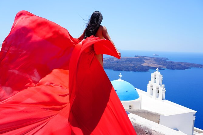 Santorini 2h Private Flying Dress Photoshoot with Transportation - The photography style and final package