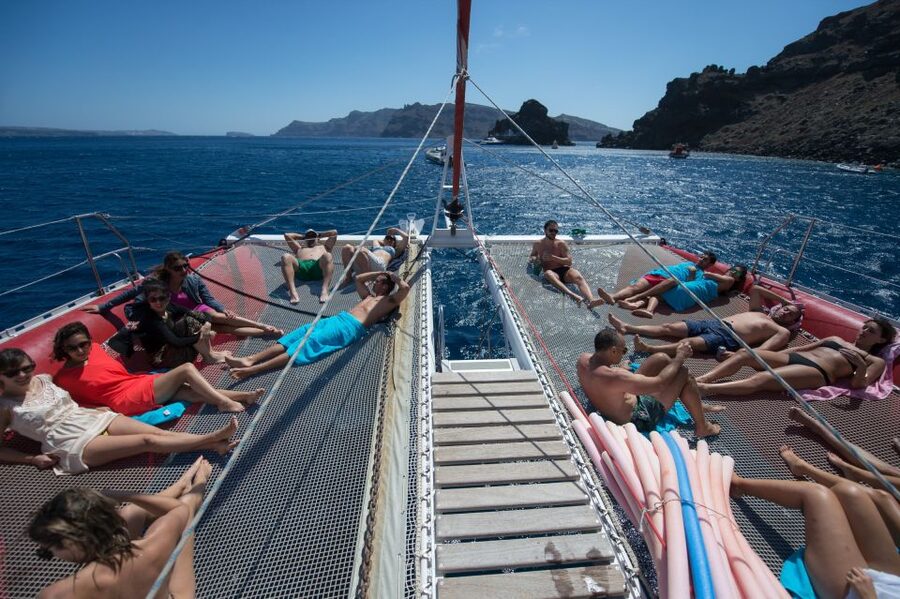 Santorini: Dream Catcher 5-hour Sailing Trip in the Caldera - Akrotiri, Red Beach, and White Beach from the sea