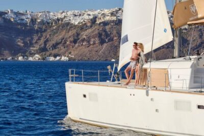 Santorini Gold Catamaran Cruise with Snorkel, BBQ & Open Bar