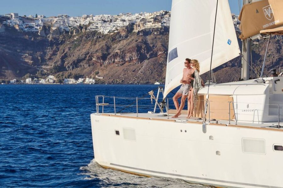 A catamaran along the caldera wall