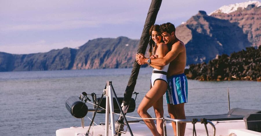 Santorini: Private Catamaran Tour with BBQ Meal and Drinks - Mesa Pigadia gives you the first real swim